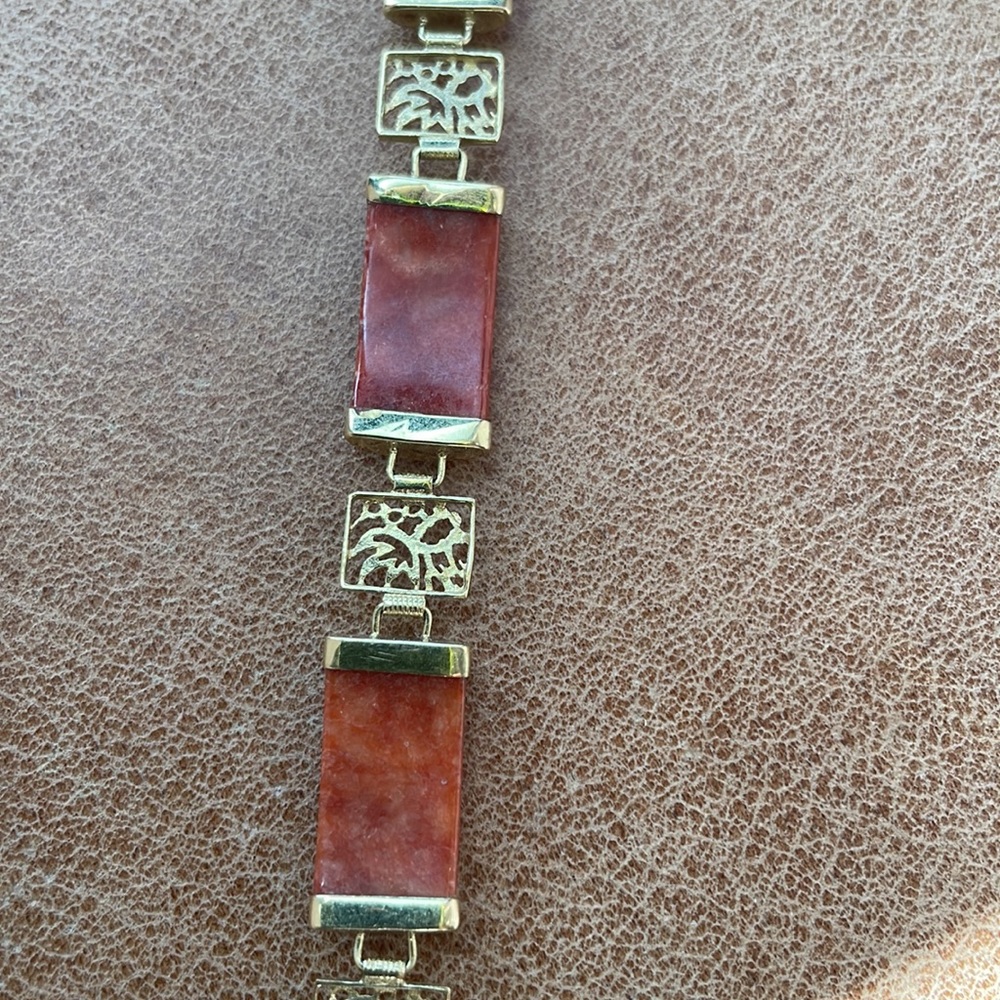 Red jadeite jade link bracelet 14k gold Chinese calligraphy - Picture 4 of 4
